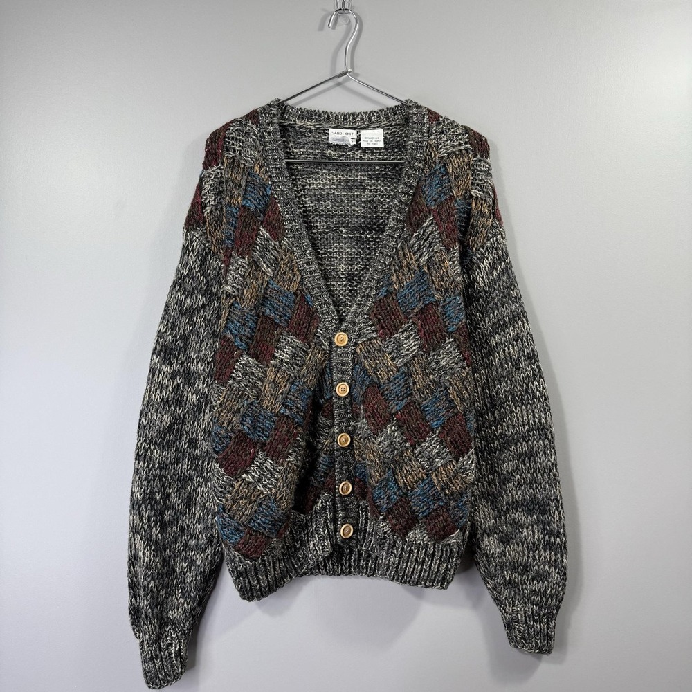 Vintage Bachrach Cardigan Sweater Mens Medium Multicolor Chunky Knit Argyle